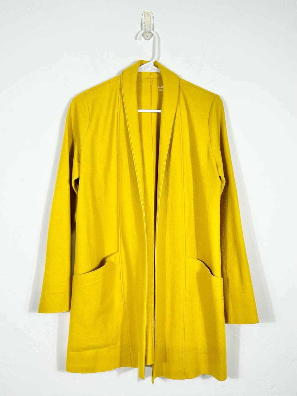 Eileen Fisher Mustard Yellow 100% Wool Open Front Long Cardigan Jacket Pockets